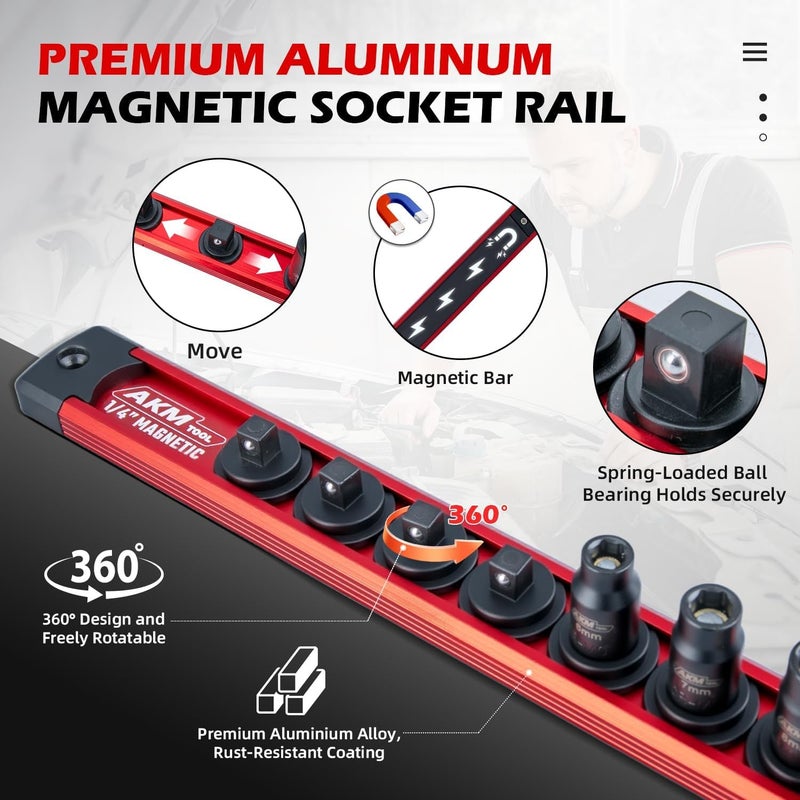 AKM TOOL 1/4 Inch Drive Magnetic Impact Socket Set, 15-Piece Metric, 4mm-15mm, 6 Point, Cr-Mo, Square Drive, Magnetic Sockets with Adapter, Rail - Image 5